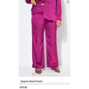 NWT Studio Untold Ulla Popken Magenta Sequin Floral Wide Leg Satin Pants 24 FUN